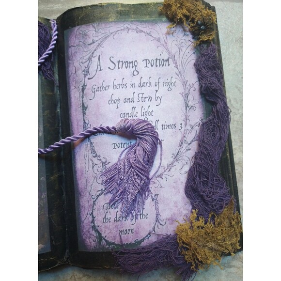 MAGIC Strong Potion Lavender Witch Open Spell Book Decor with Wand - Picture 5 of 7